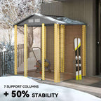 Brown galvanised steel garden shed in a snowy garden demonstrating weather resistance