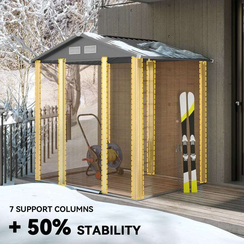 Brown galvanised steel garden shed in a snowy garden demonstrating weather resistance