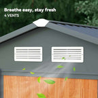 Close-up of garden shed ventilation grilles showing 4 vents for air circulation