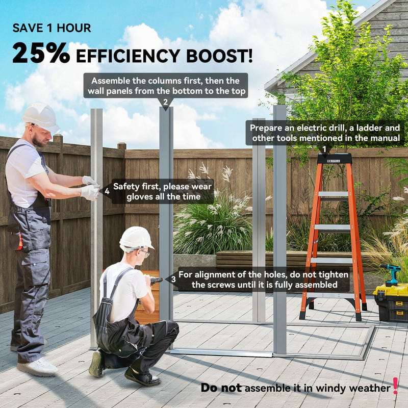 Two people assembling a metal frame outdoors with text on efficiency and assembly steps.