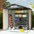 Storage shed with shelves filled with various items including boxes, tools, and sports balls.