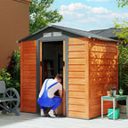 Man opening brown wood-effect galvanised steel garden shed on a sunny day