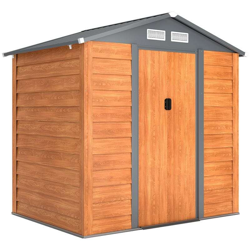 Brown galvanised steel garden shed with wood-effect finish and sliding doors on white background Main image