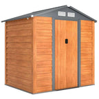 Brown galvanised steel garden shed with wood-effect finish and sliding doors on white background