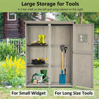 Outdoor storage shed with tools on shelves and a cabinet, set against a garden background.