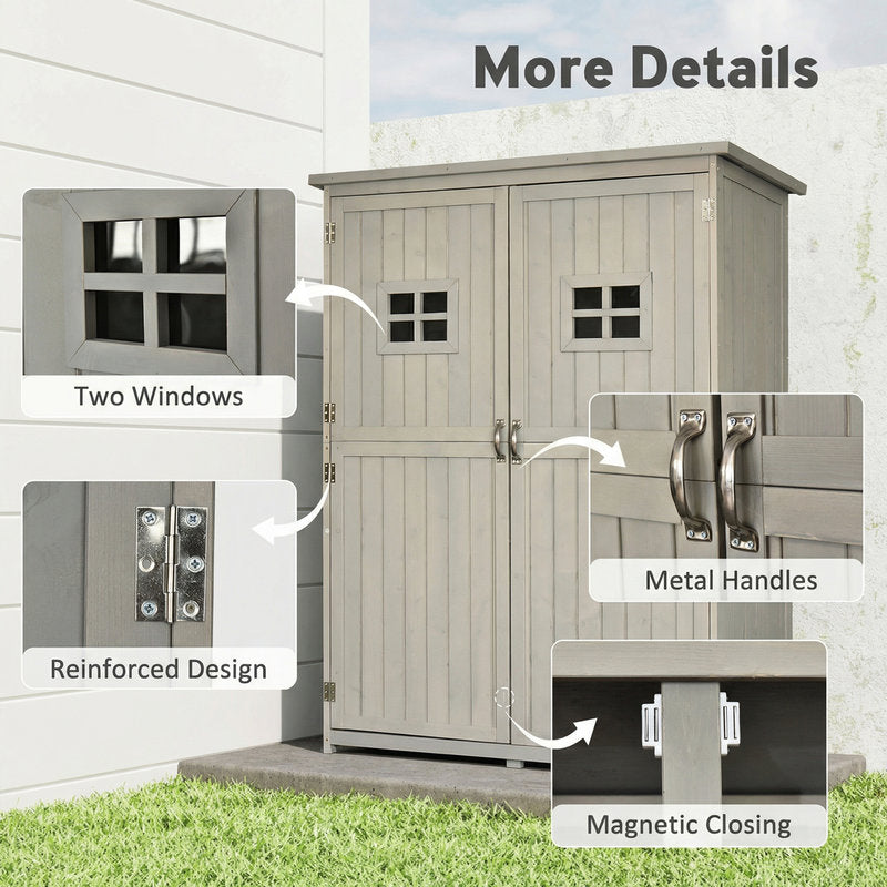 Wooden storage shed with features highlighted on a white background