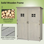 Wooden storage cabinet with natural fir wood and water-resistant coating features on a green background.