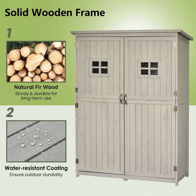 Wooden storage cabinet with natural fir wood and water-resistant coating features on a green background.