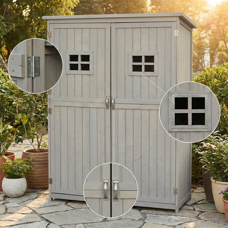 Wooden storage shed with detailed views of doors and hinges in an outdoor setting.