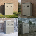 Collage of a storage shed in various outdoor settings including grass, brick wall, snow, and stone wall.