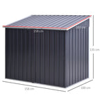 Metal storage shed with dimensions indicated on a white background