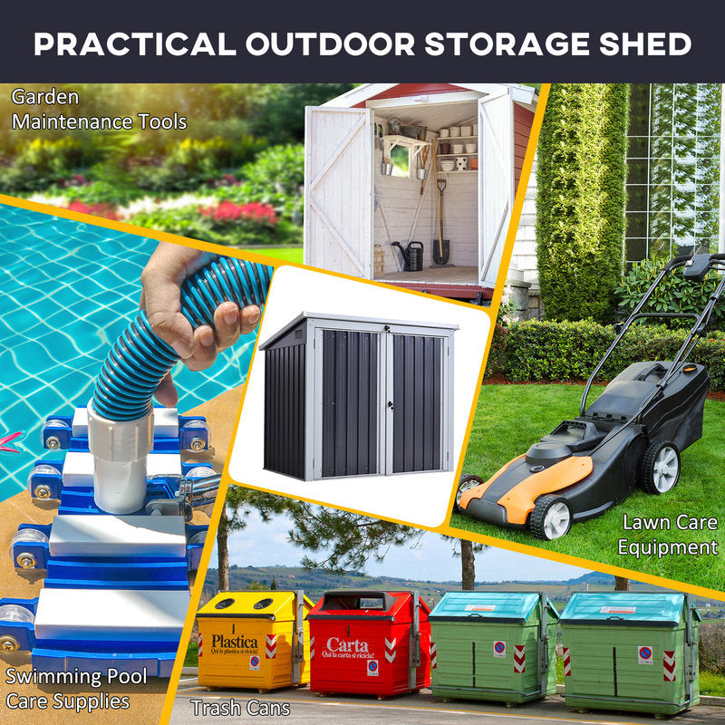 Collage of outdoor storage shed, garden tools, lawn care equipment, swimming pool care supplies, and trash cans.