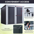 Metal storage shed with features highlighted, including double doors, locks, chains, and a pneumatic lifting lid.