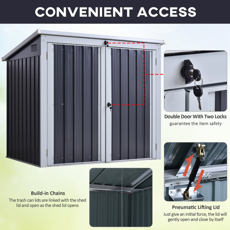 Metal storage shed with features highlighted, including double doors, locks, chains, and a pneumatic lifting lid.