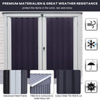 Garage door with black storm shelter, featuring text about material quality and weather resistance.
