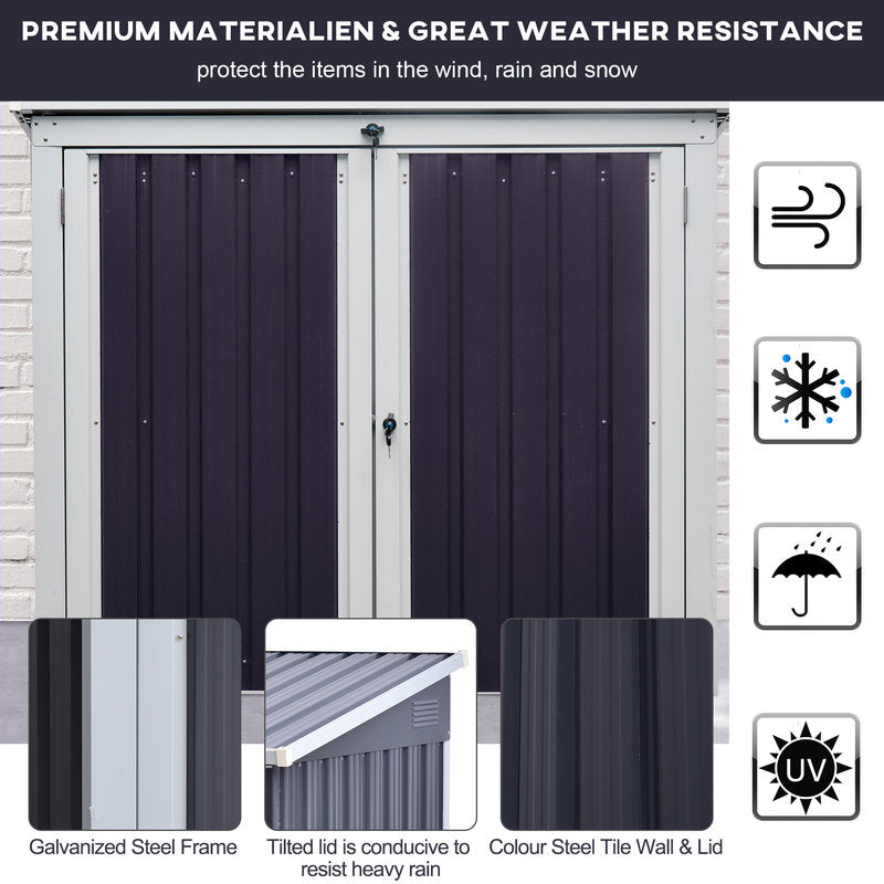 Garage door with black storm shelter, featuring text about material quality and weather resistance.