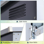 Close-up of side vents, protective PP corners, and door bolts on a piece of equipment.