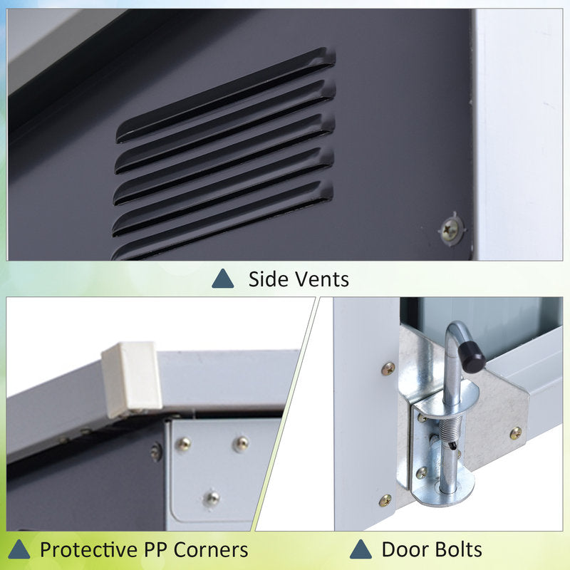 Close-up of side vents, protective PP corners, and door bolts on a piece of equipment.