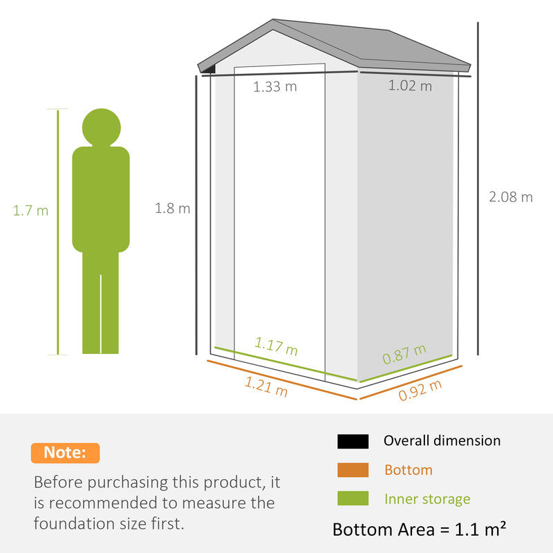 Measurement chart of a small storage shed with dimensions and a human figure for scale.