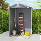 Gray garden shed with tools and equipment in a backyard setting