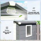 Outdoor storage shed with ventilation system and window, featuring text on benefits.