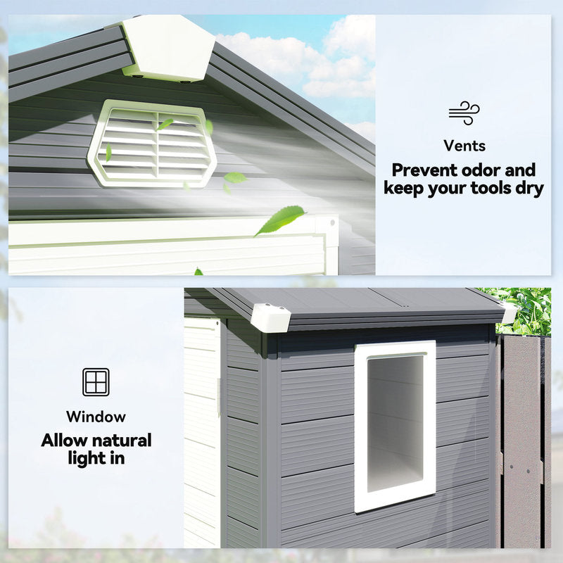Outdoor storage shed with ventilation system and window, featuring text on benefits.