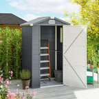 Gray garden shed with open door, showing interior with ladder and bucket, surrounded by greenery.
