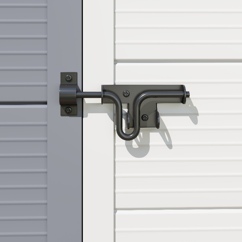 Metal door handle on a white door with gray frame