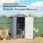 Resin storage shed with reinforced aluminium, labeled as waterproof, UV resistant, and rust-proof, in a garden setting.