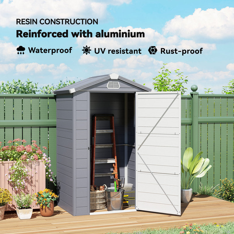 Resin storage shed with reinforced aluminium, labeled as waterproof, UV resistant, and rust-proof, in a garden setting.
