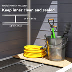 Yellow hose, metal bucket with tools, and foundation kit on a wooden platform against a gray wall.