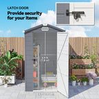 Garden shed with latch door feature, plants, and outdoor setting