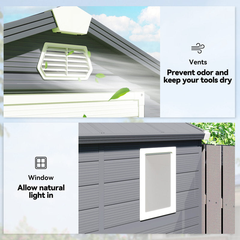 Outdoor storage shed with ventilation system and window, featuring text on benefits.
