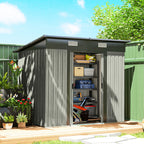 Metal storage shed with garden tools and plants on a sunny day