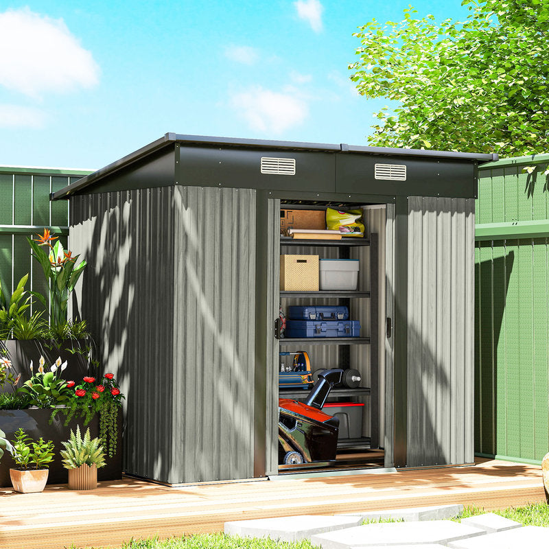 Metal storage shed with garden tools and plants on a sunny day