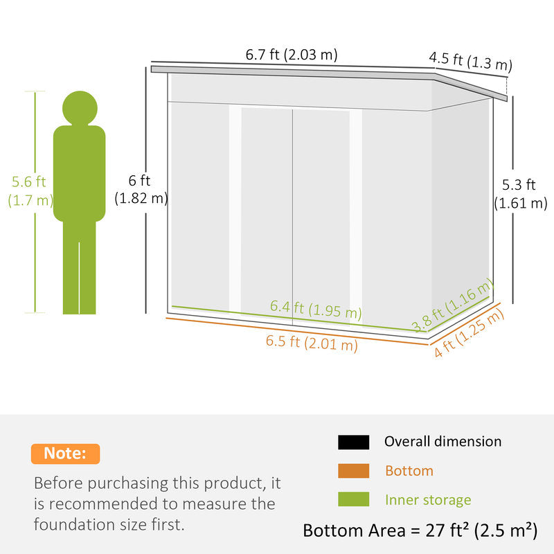 Measurement chart of a storage shed with dimensions and a human figure for scale.
