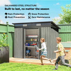 Metal storage shed with children playing in a garden, highlighting features like rain and snow protection.