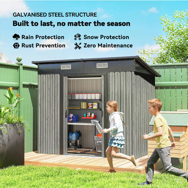 Metal storage shed with children playing in a garden, highlighting features like rain and snow protection.