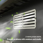 Ventilation vents on a ceiling with green leaves and text indicating their function.