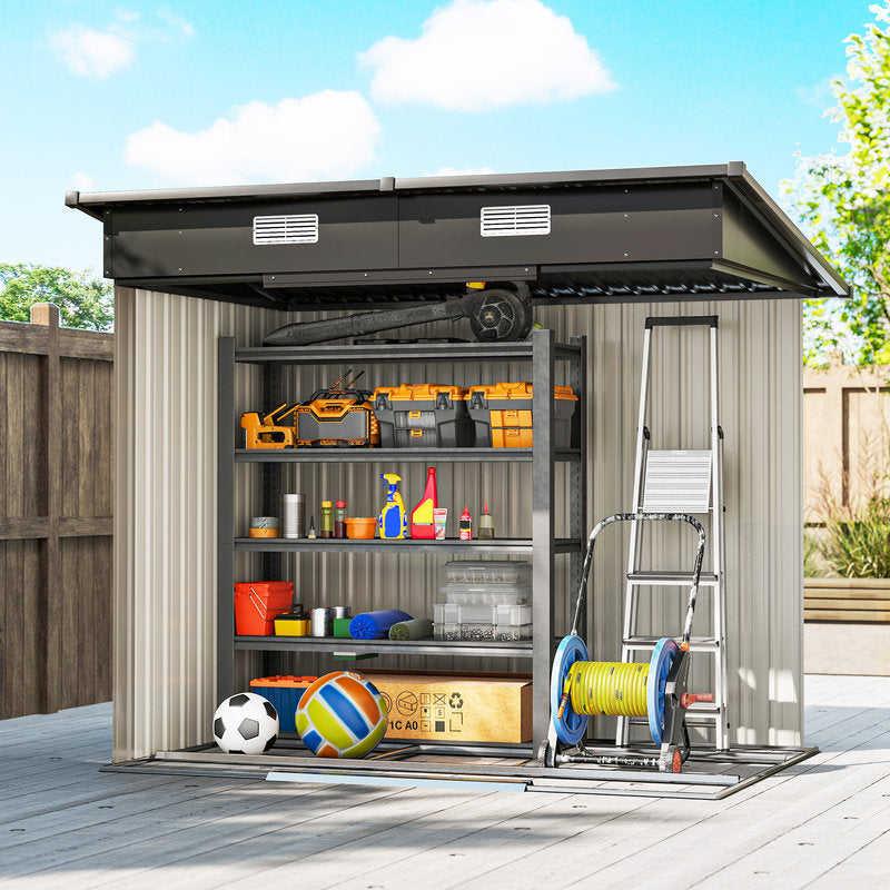 Storage shed with various items on shelves against a blue sky.