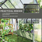 Greenhouse with plants and features highlighted, including adjustable windows and a sliding door.