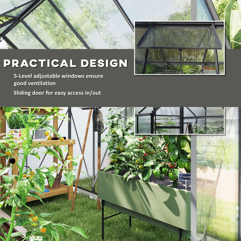 Greenhouse with plants and features highlighted, including adjustable windows and a sliding door.