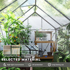 Greenhouse with plants and a wooden shelf, highlighting polycarbonate panel and aluminum alloy frame materials.