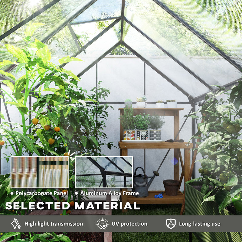 Greenhouse with plants and a wooden shelf, highlighting polycarbonate panel and aluminum alloy frame materials.