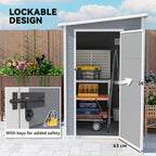 Gray storage shed with label showing lockable design.