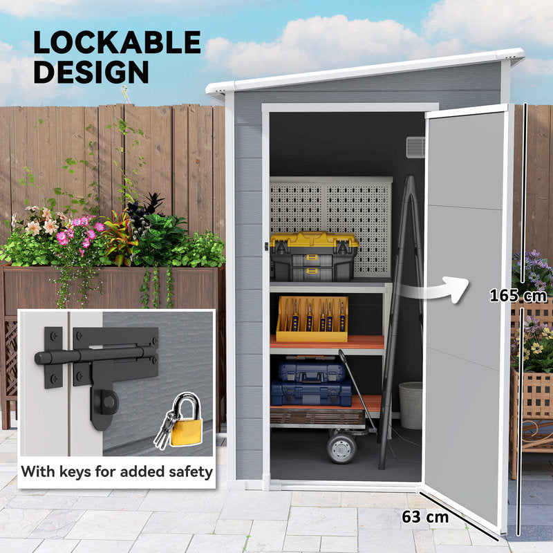 Gray storage shed with label showing lockable design.
