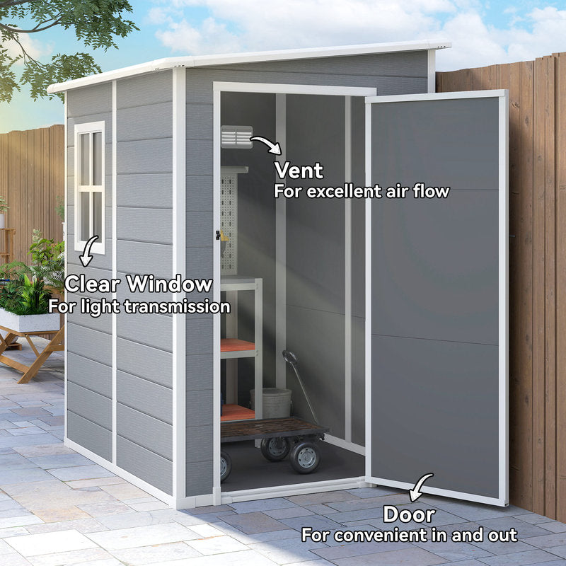 Gray storage shed with clear window and door, labeled for features.