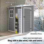 Gray outdoor shed with skis on a snowy day, labeled for features like PP peaked roof and aluminium frame.