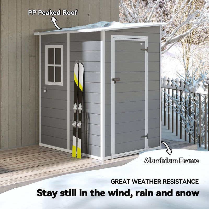Gray outdoor shed with skis on a snowy day, labeled for features like PP peaked roof and aluminium frame.