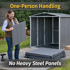 Woman assembling a metal shed with text highlighting one-person handling and no heavy steel panels.